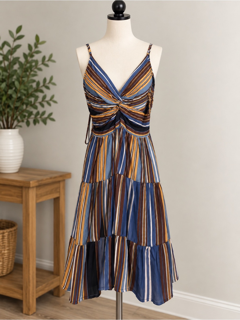 Olivia Moon Striped Twist-Front Midi Dress in Blue, Gold & Brown